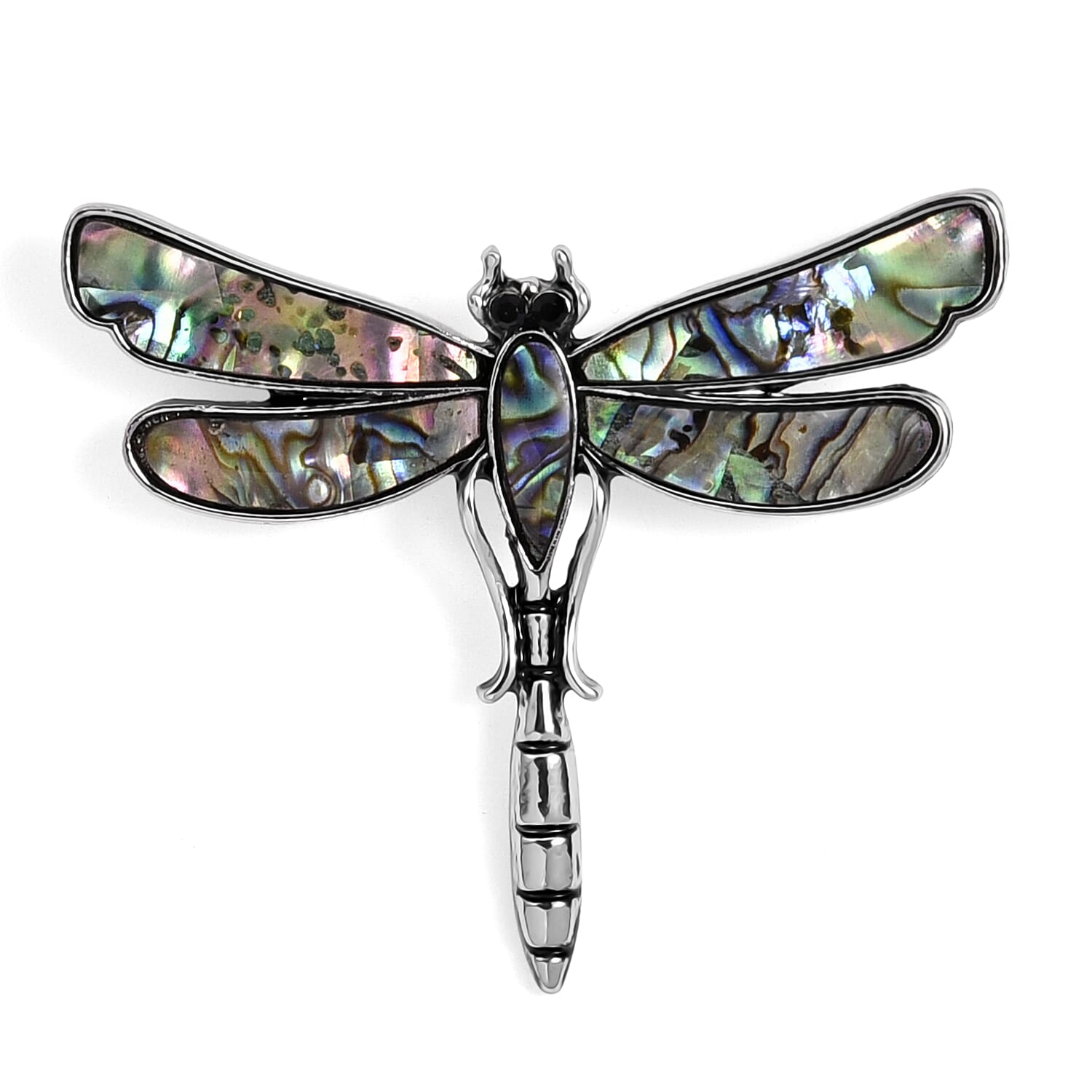 Black Crystal &amp; Abalone Shell Dragonfly Brooch in Silver Tone 8311461 0