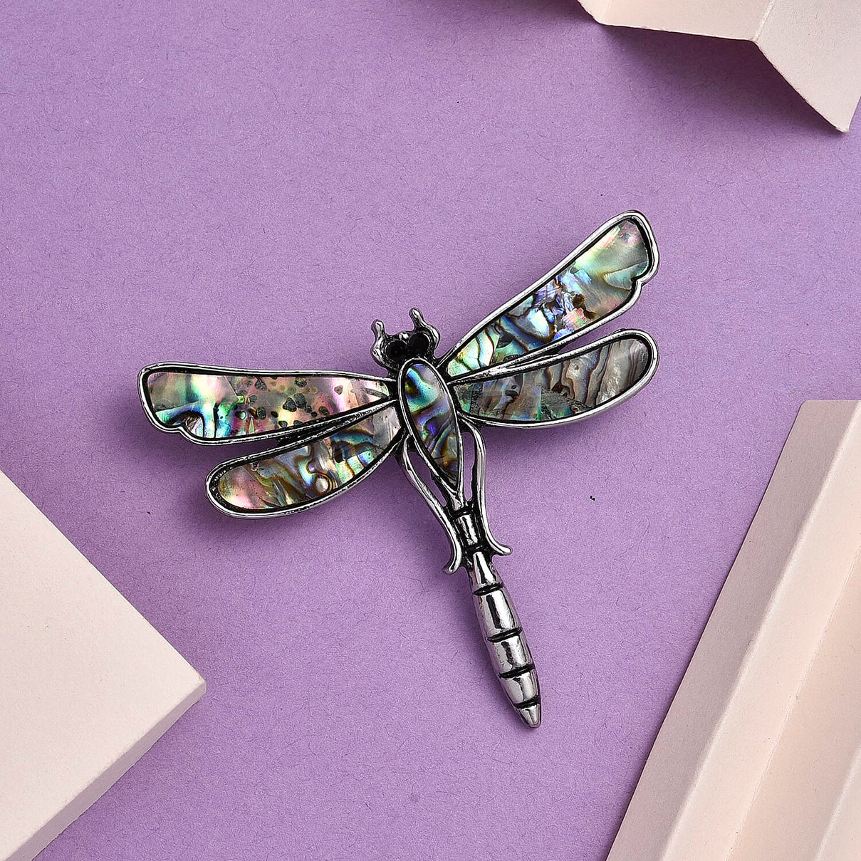 Black Crystal &amp; Abalone Shell Dragonfly Brooch in Silver Tone 8311461 2
