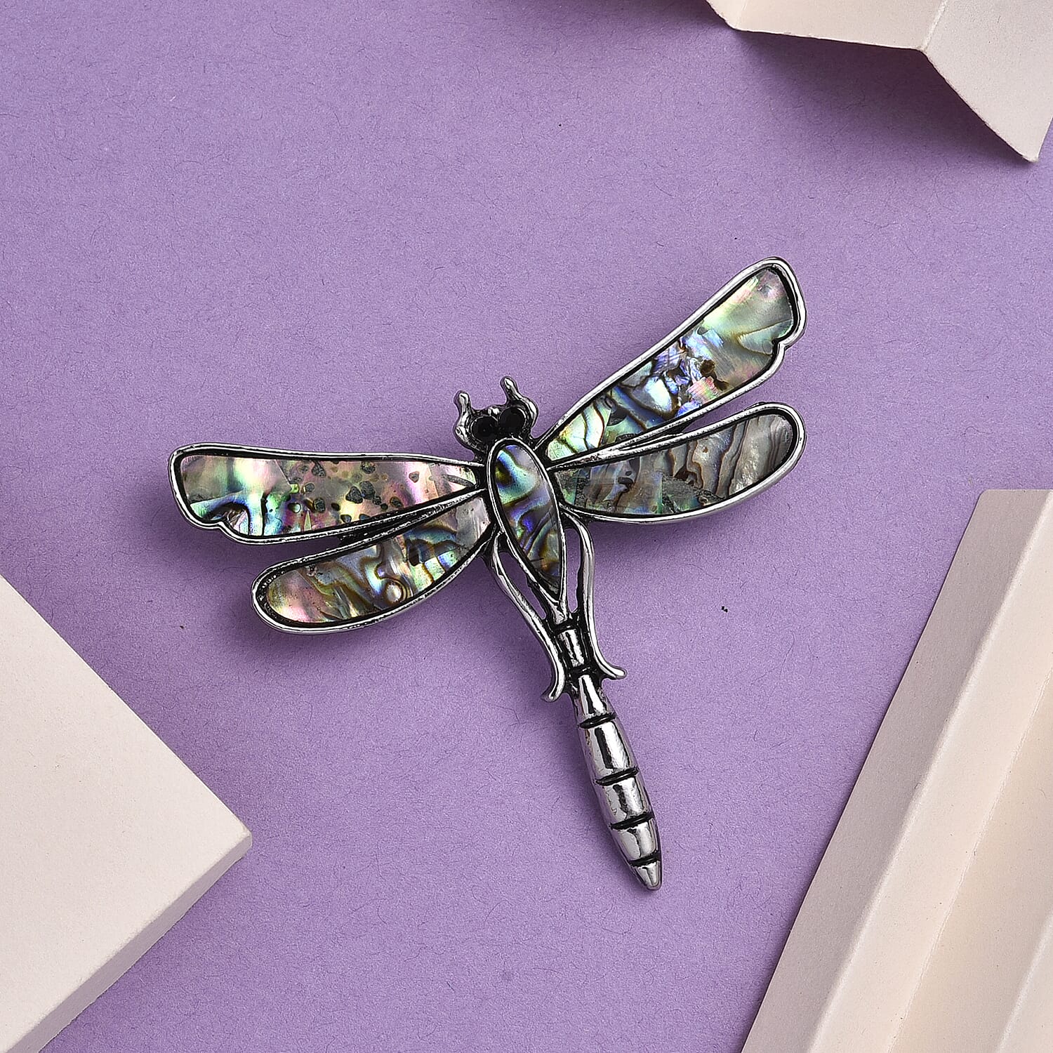 Black Crystal &amp; Abalone Shell Dragonfly Brooch in Silver Tone 8311461 2