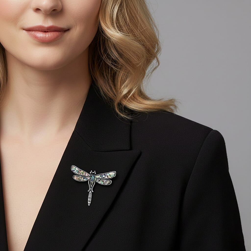 Black Crystal &amp; Abalone Shell Dragonfly Brooch in Silver Tone 8311461 3