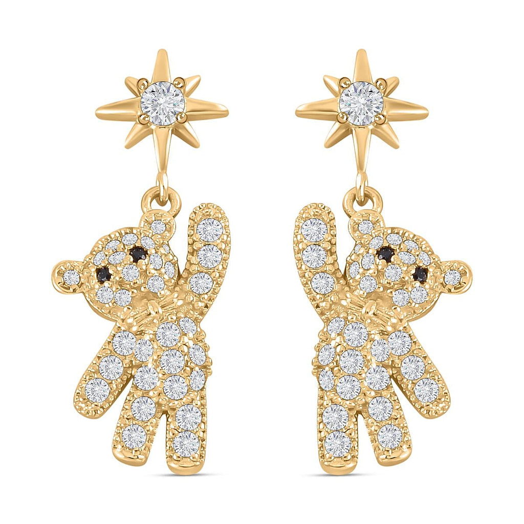 Black and White Austrian Crystal Teddy with Star Earrings in Yellow Gold Tone