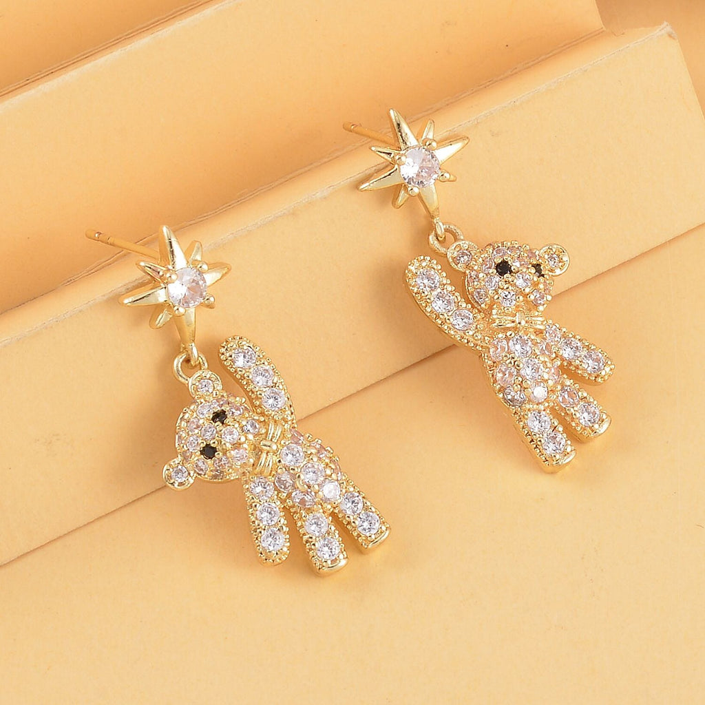 Black and White Austrian Crystal Teddy with Star Earrings in Yellow Gold Tone