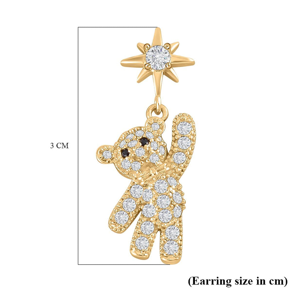 Black and White Austrian Crystal Teddy with Star Earrings in Yellow Gold Tone