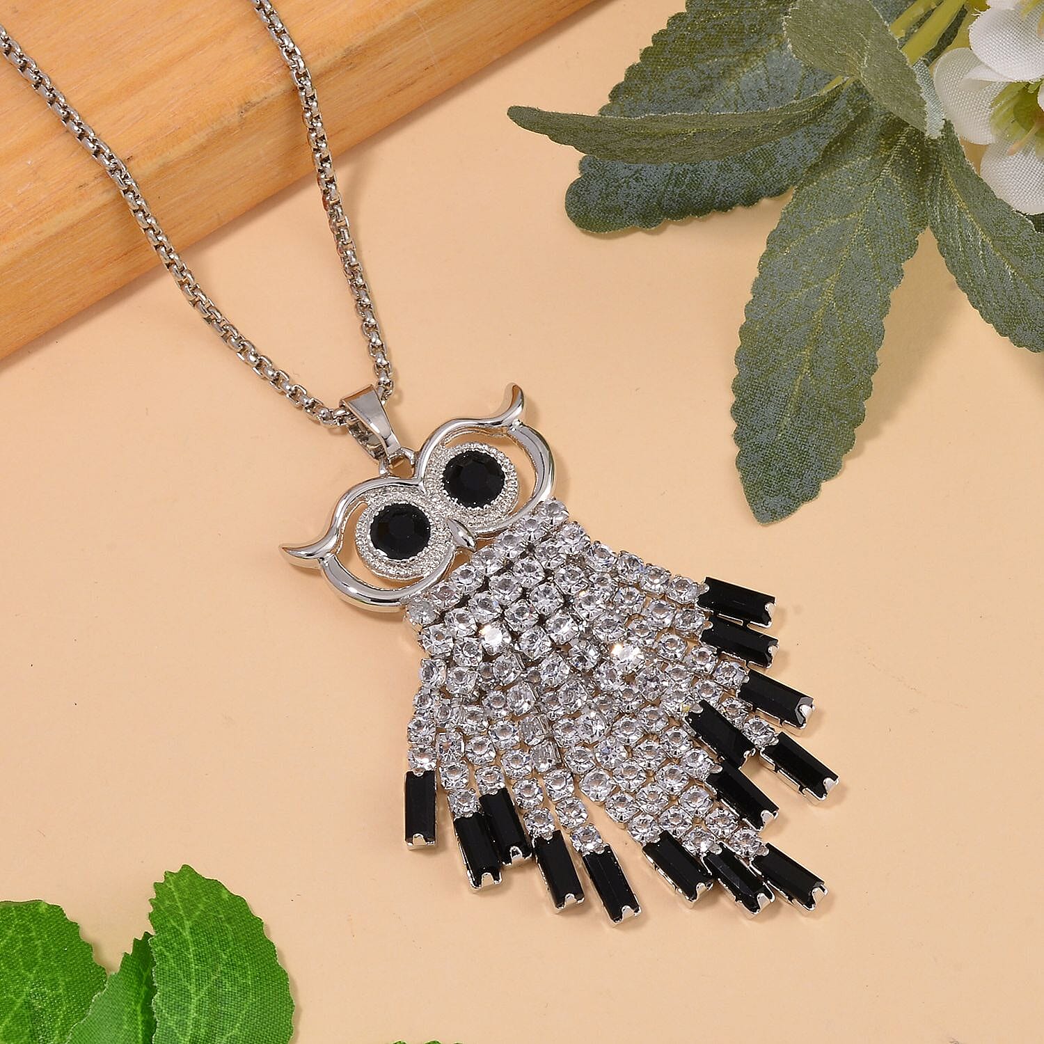 Black &amp; White Austrian Crystal Owl Necklace (Size - 24-2 Ext.) in Silver Tone 7662118 2