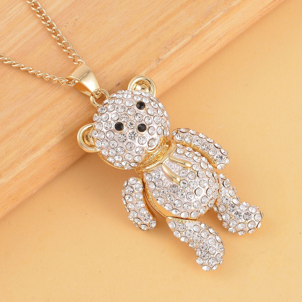 Austrian Black & White Crystal Teddy Bear Necklace (Size - 29-2 inch Ext.)