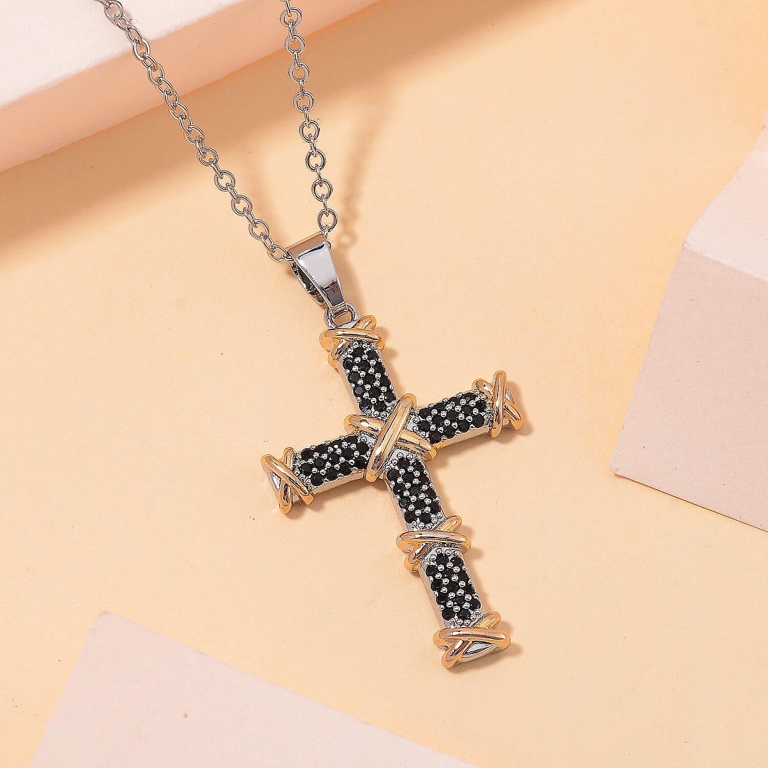 Black Cubic Zirconia Criss Cross Pendant with Chain (Size - 20+2 Inch Ext) 3.50 Ct. V32489544 3