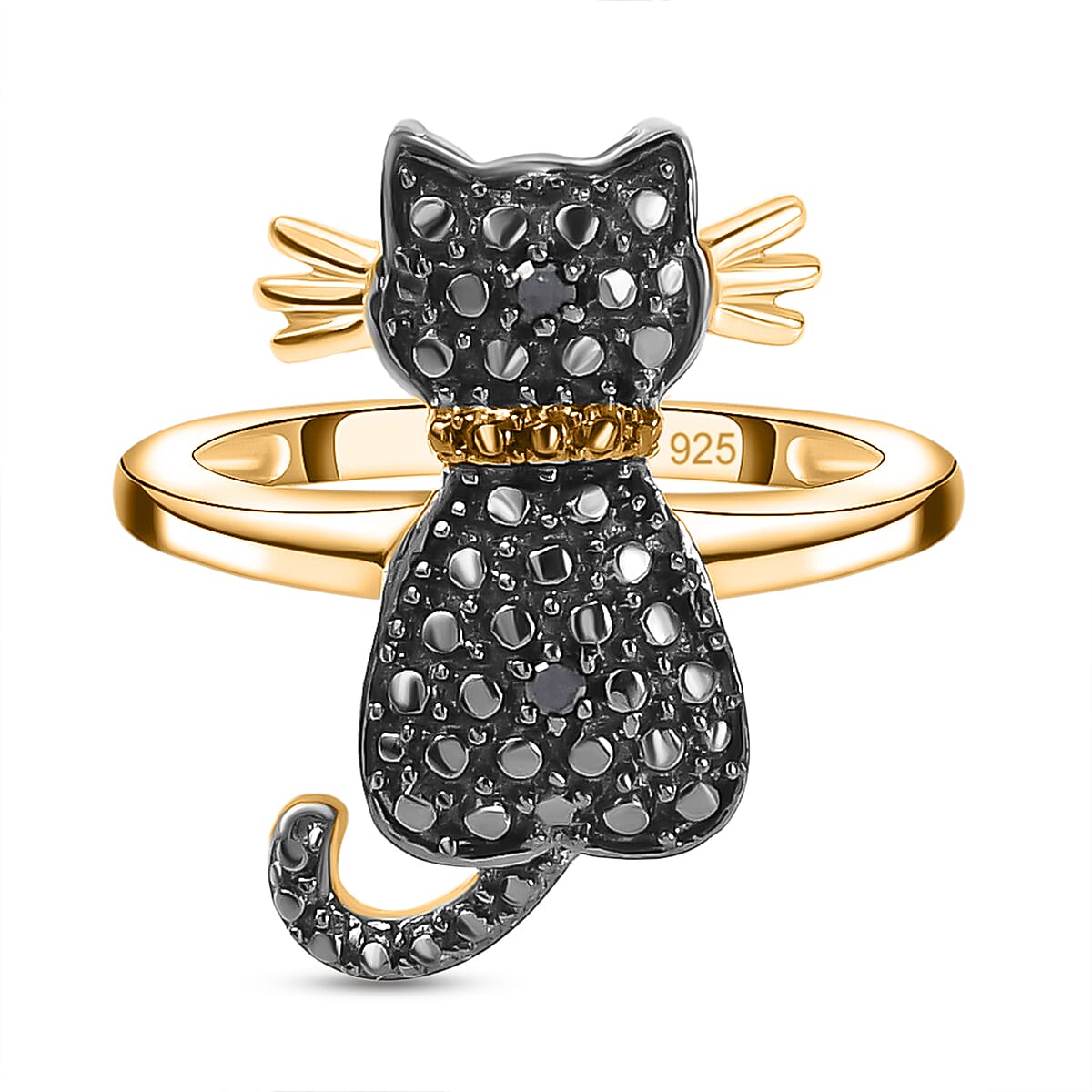 Black Diamond Cat Ring in Black Overlay and 18K Yellow Gold Vermeil Plated Sterling Silver 3674159 0