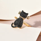 Black Diamond Cat Ring in Black Overlay and 18K Yellow Gold Vermeil Plated Sterling Silver