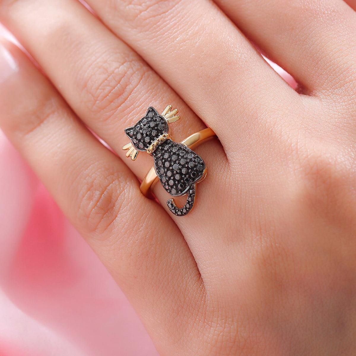 Black Diamond Cat Ring in Black Overlay and 18K Yellow Gold Vermeil Plated Sterling Silver 3674159 3