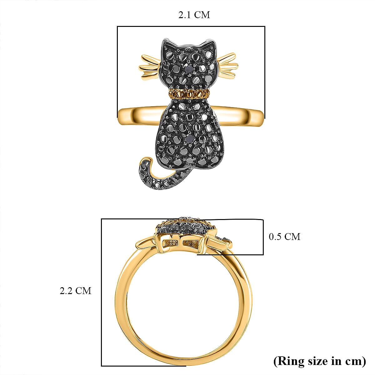 Black Diamond Cat Ring in Black Overlay and 18K Yellow Gold Vermeil Plated Sterling Silver 3674159 6