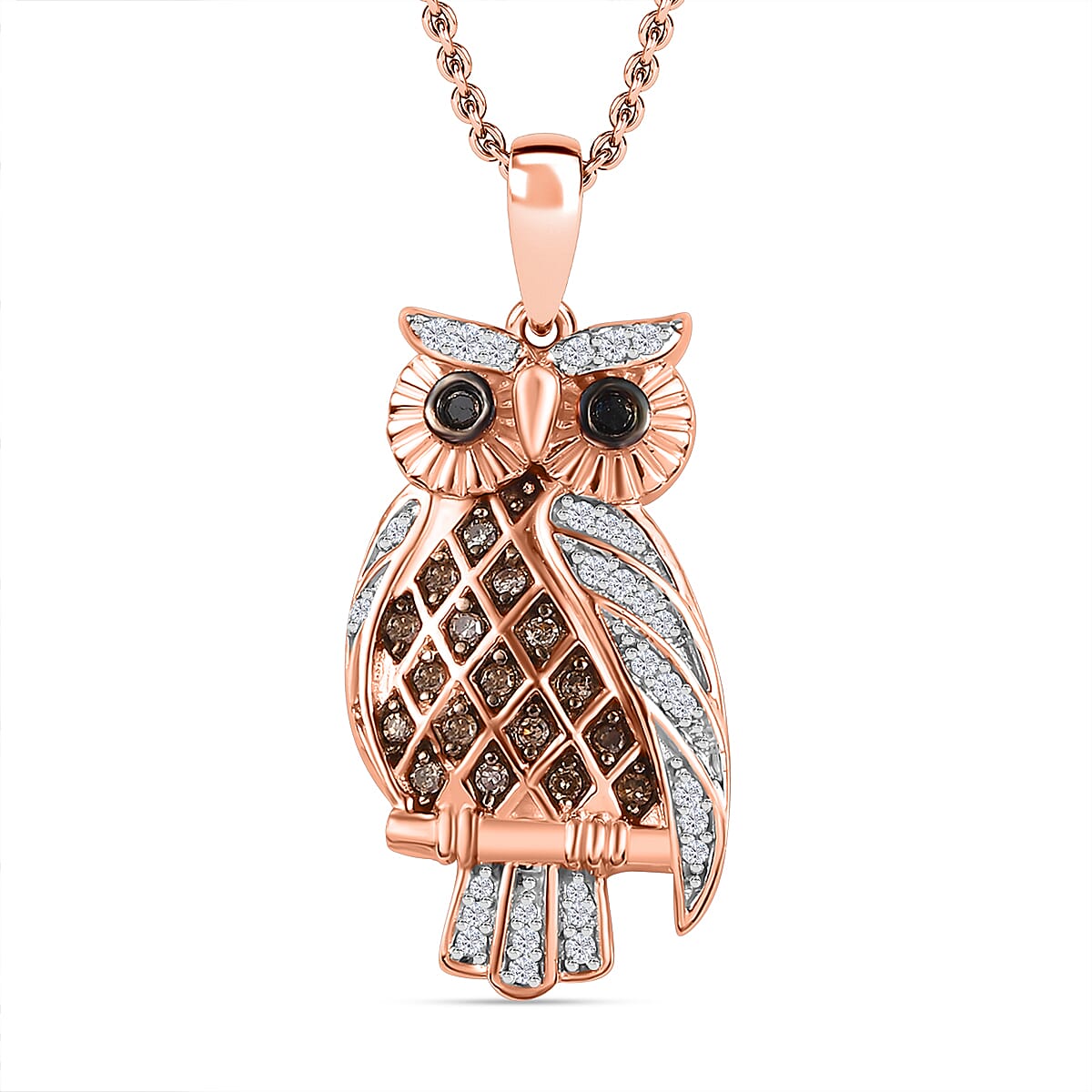 Black Diamond, Champagne Diamond, White Diamond Owl Pendant with Chain (Size 20) in 18K Vermeil Rose Gold Plated Sterling Silver 0.30 ct  Silver Wt. 5.65 Gms  0.330  Ct. 4263846 0