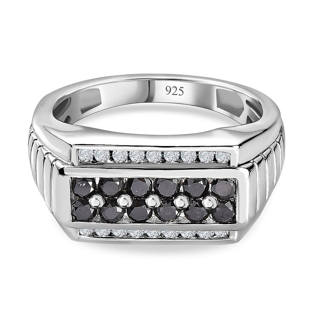 One Time Deal- Natural Black and White Diamond Mens Ring in Platinum Overlay Sterling Silver 1.00 Cts