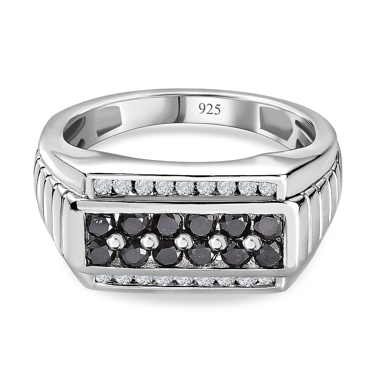 One Time Deal- Natural Black and White Diamond Mens Ring in Platinum Overlay Sterling Silver 1.00 Cts 7665842 0
