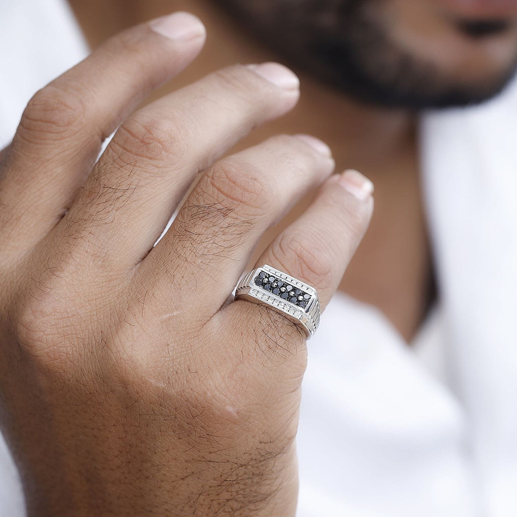 One Time Deal- Natural Black and White Diamond Mens Ring in Platinum Overlay Sterling Silver 1.00 Cts