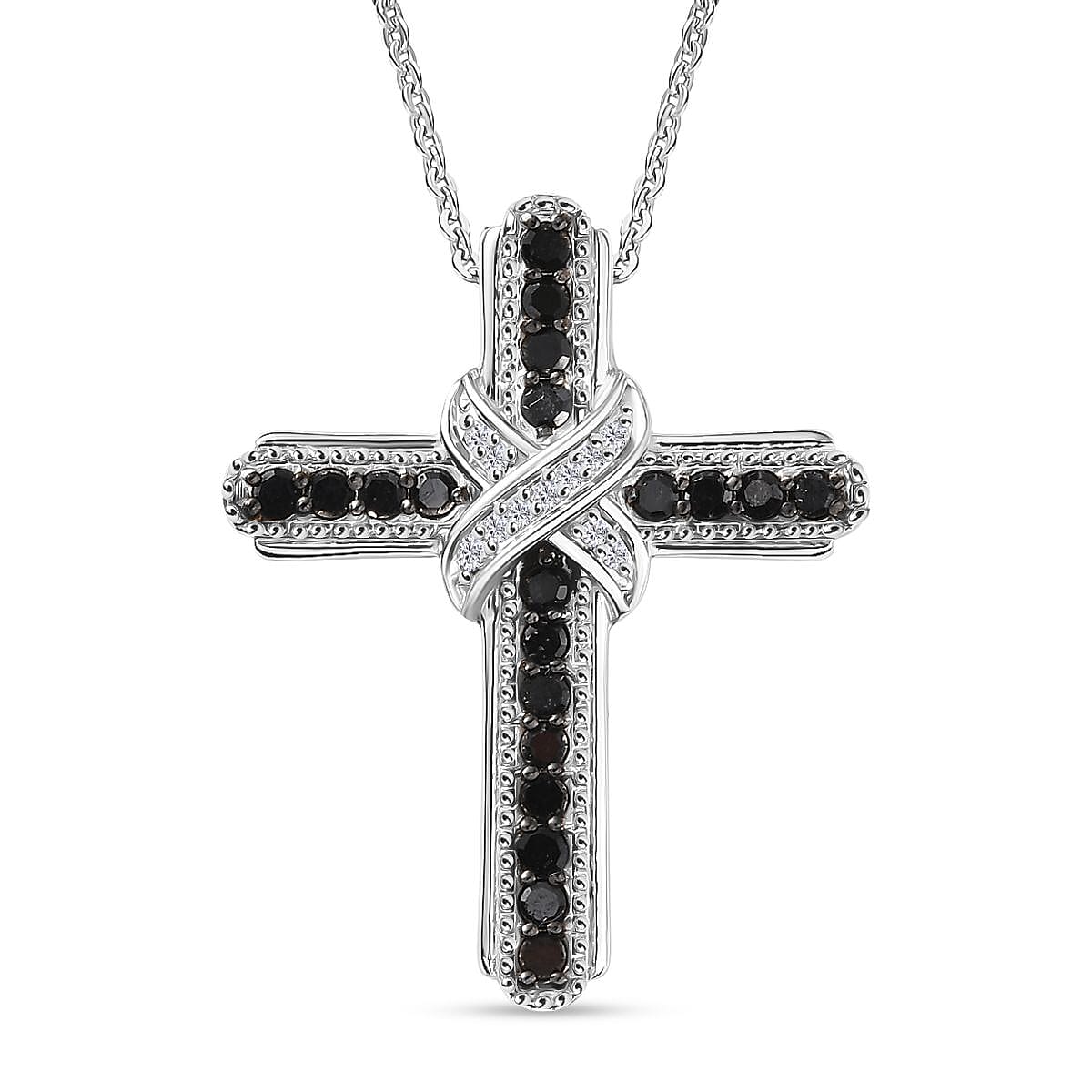 D'Joy Black Diamond &amp; White Diamond Cross Pendant with Chain (Size 20) in Rhodium Overlay Sterling Silver 0.50 Ct. 4426273 0