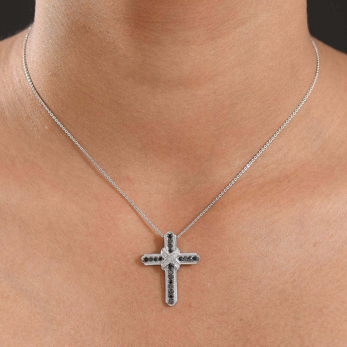 D'Joy Black Diamond &amp; White Diamond Cross Pendant with Chain (Size 20) in Rhodium Overlay Sterling Silver 0.50 Ct. 4426273 2