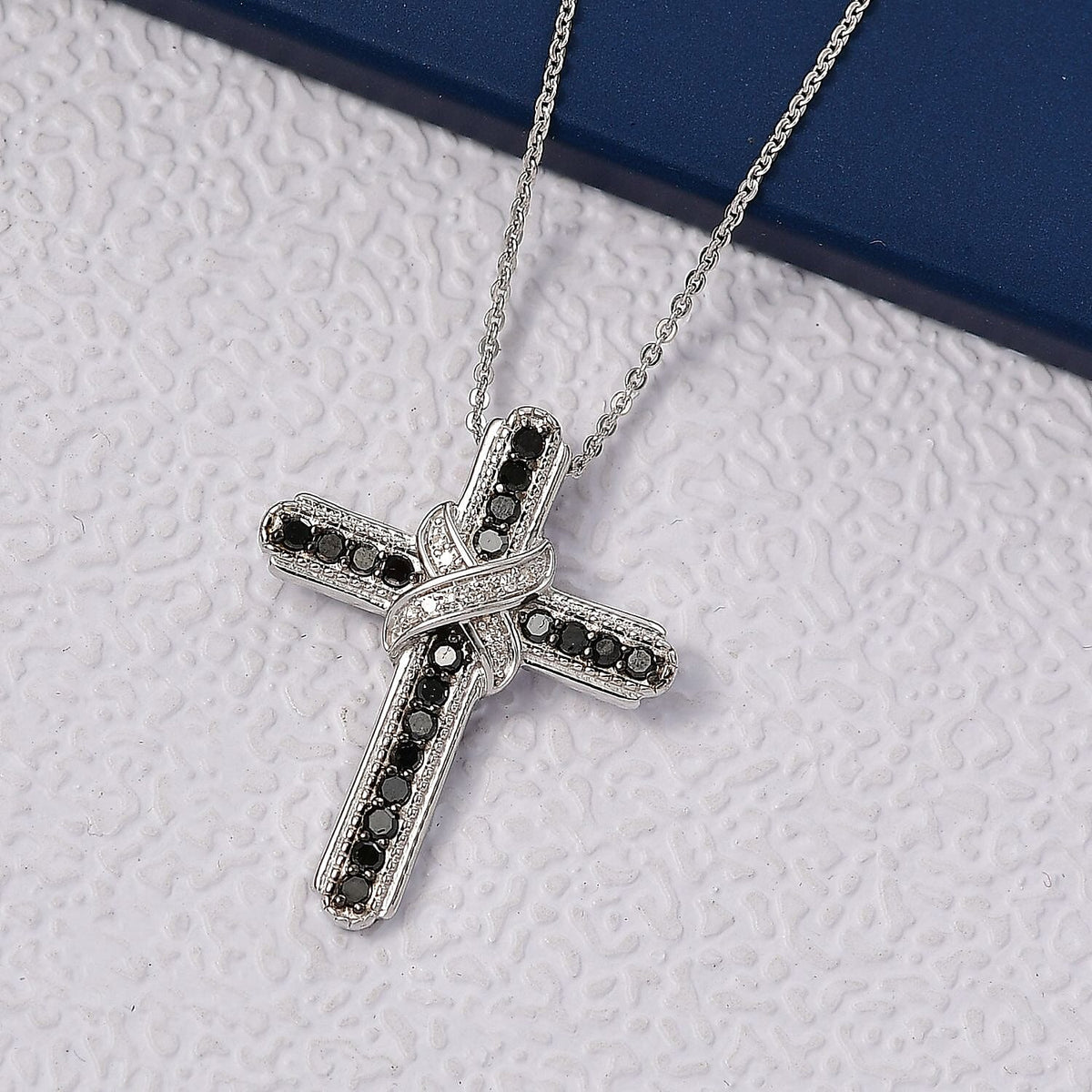 D'Joy Black Diamond &amp; White Diamond Cross Pendant with Chain (Size 20) in Rhodium Overlay Sterling Silver 0.50 Ct. 4426273 3