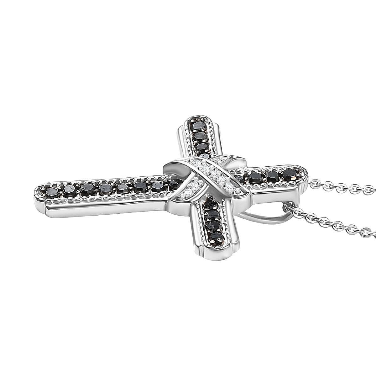 D'Joy Black Diamond &amp; White Diamond Cross Pendant with Chain (Size 20) in Rhodium Overlay Sterling Silver 0.50 Ct. 4426273 4