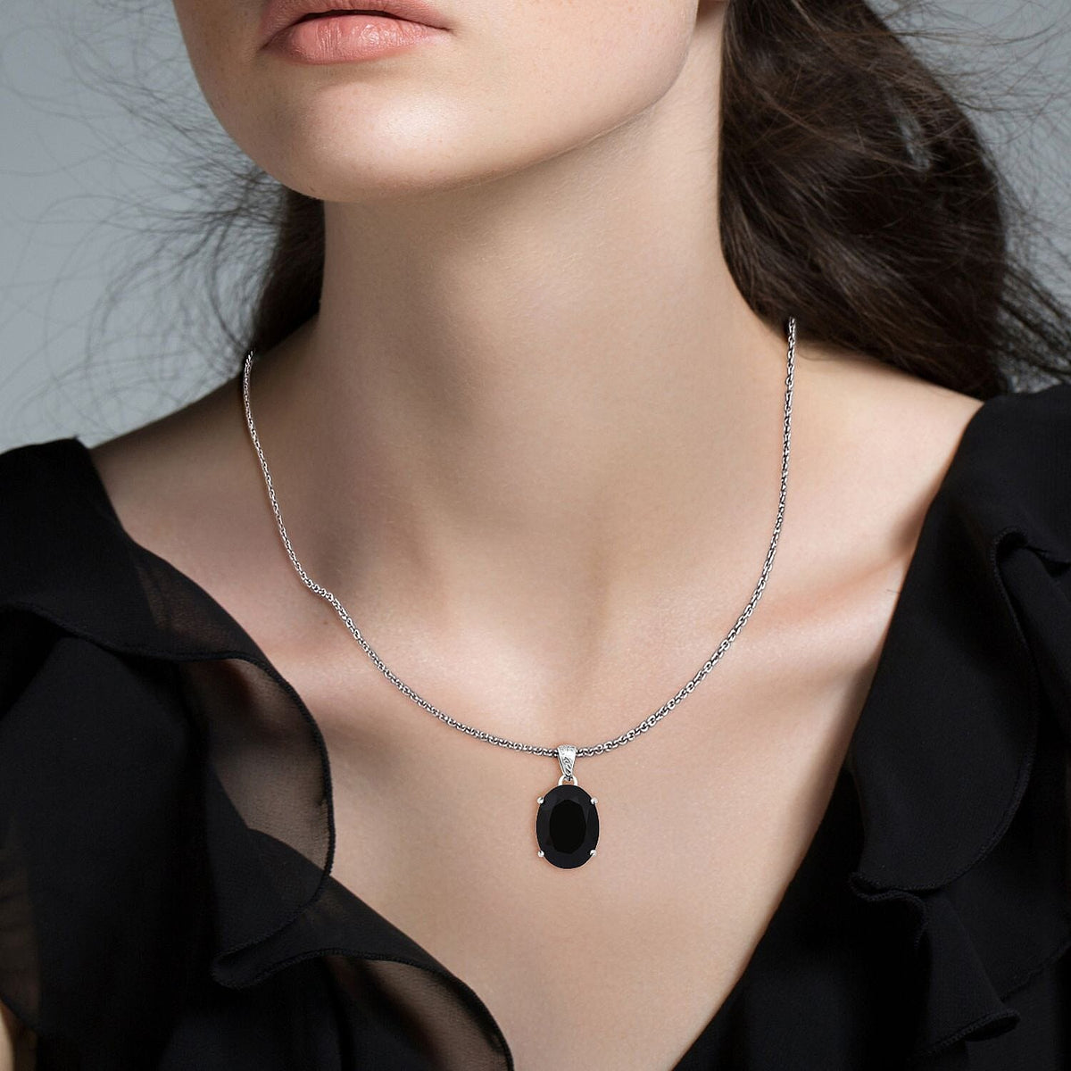 Black Jade Pendant with Chain (Size 20) in Rhodium Overlay Sterling Silver 7.80 Ct. V32638110 2