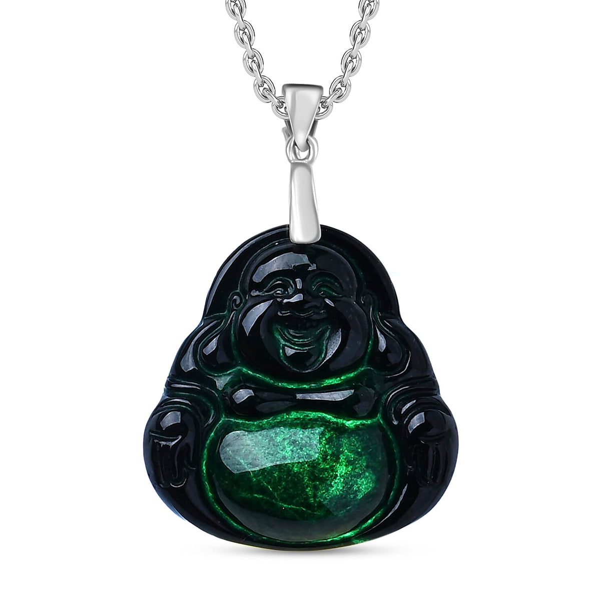 Natural Boots Black Jade Buddha Pendant with Chain (Size 20) in Rhodium Overlay Sterling Silver. V32516423 0
