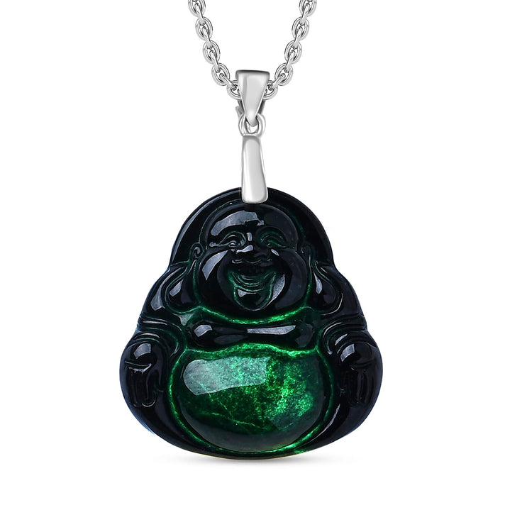 Natural Boots Black Jade Buddha Pendant with Chain (Size 20) in Rhodium Overlay Sterling Silver. 4440477 1