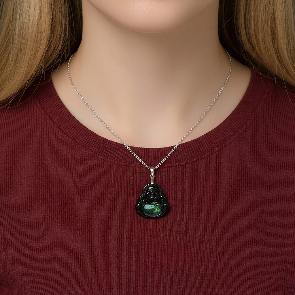 Natural Boots Black Jade Buddha Pendant with Chain (Size 20) in Rhodium Overlay Sterling Silver. V32516423 3