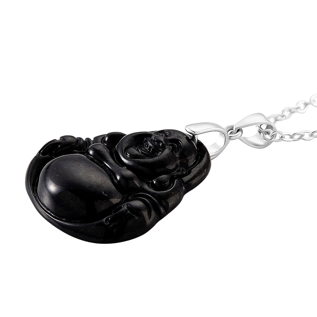 Natural Boots Black Jade Buddha Pendant with Chain (Size 20) in Rhodium Overlay Sterling Silver.