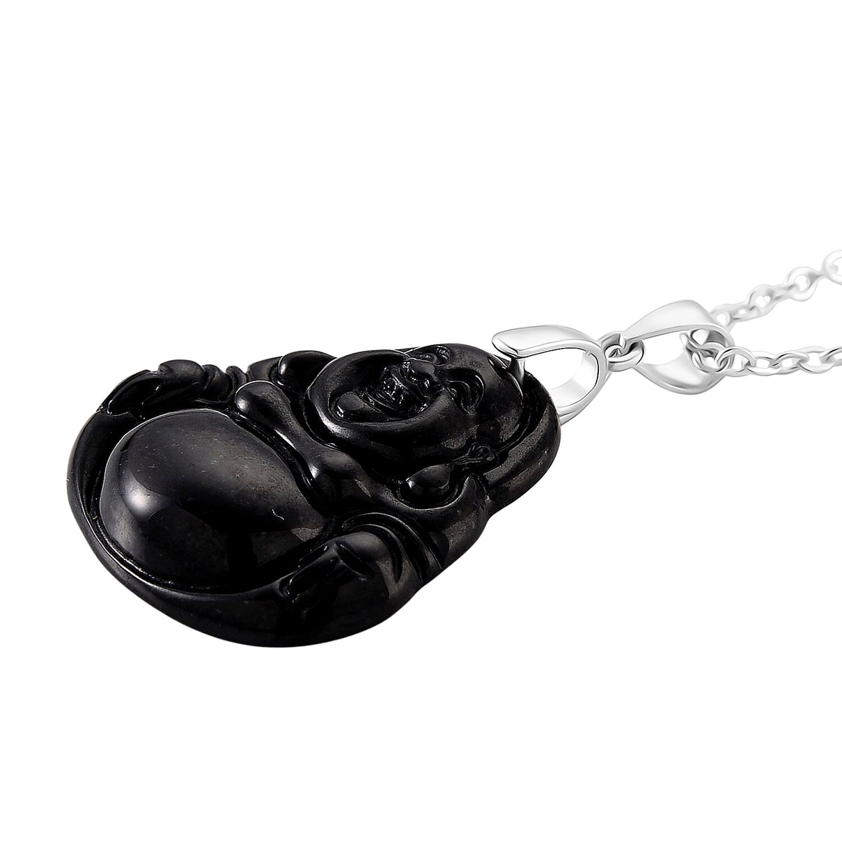 Natural Boots Black Jade Buddha Pendant with Chain (Size 20) in Rhodium Overlay Sterling Silver. V32516423 4