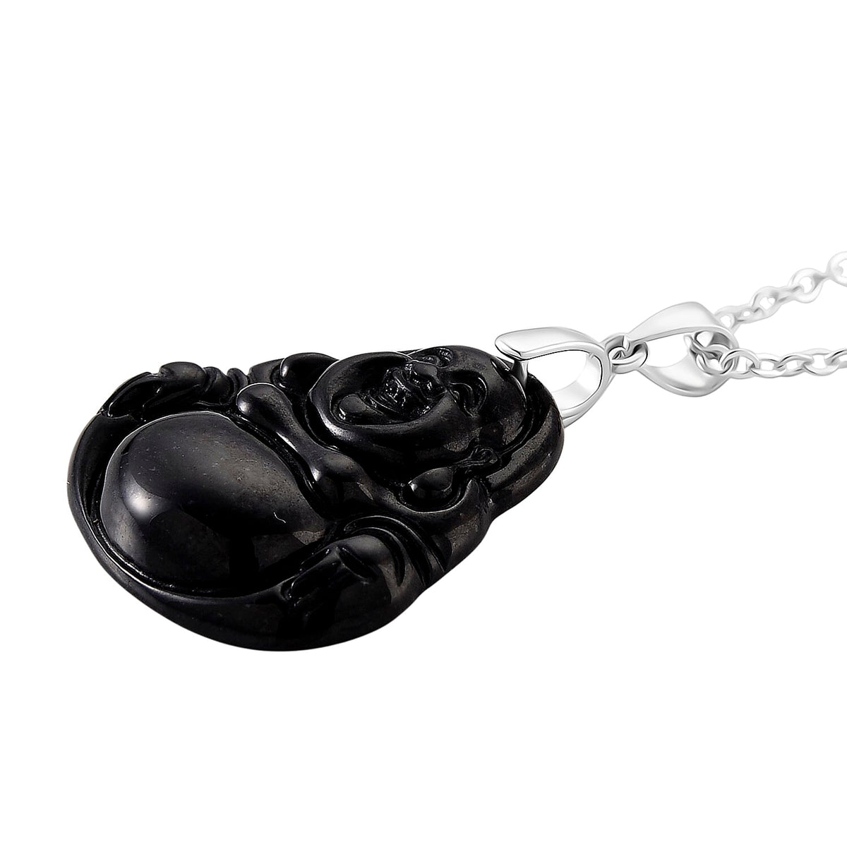 Natural Boots Black Jade Buddha Pendant with Chain (Size 20) in Rhodium Overlay Sterling Silver. V32516423 4