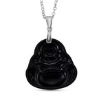 Natural Boots Black Jade Buddha Pendant with Chain (Size 20) in Rhodium Overlay Sterling Silver.