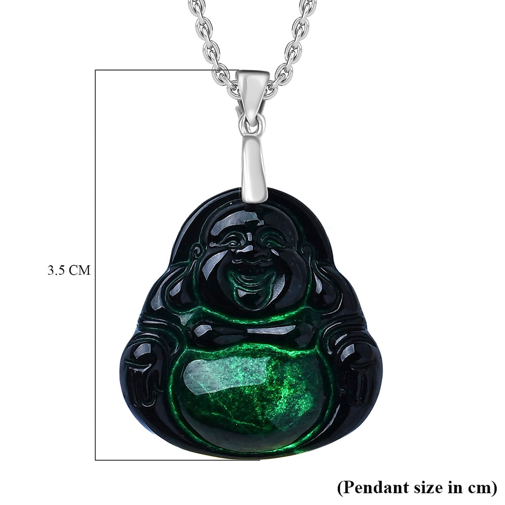 Natural Boots Black Jade Buddha Pendant with Chain (Size 20) in Rhodium Overlay Sterling Silver.