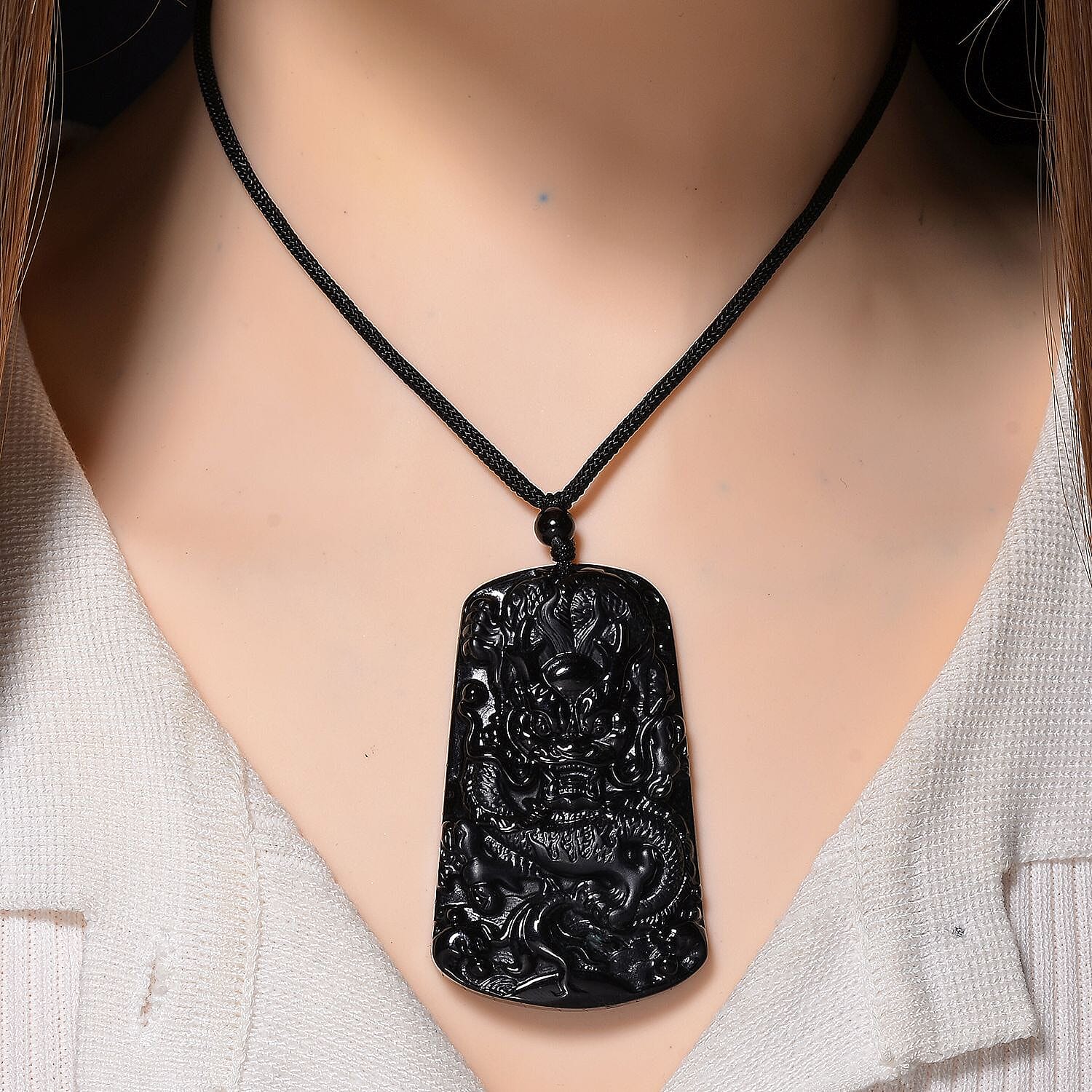 Natural Boots Black Jadeite Dragon Necklace with Black Cotton Thread (Size 28 Adjustable) 125.00 Ct. 8246294 2