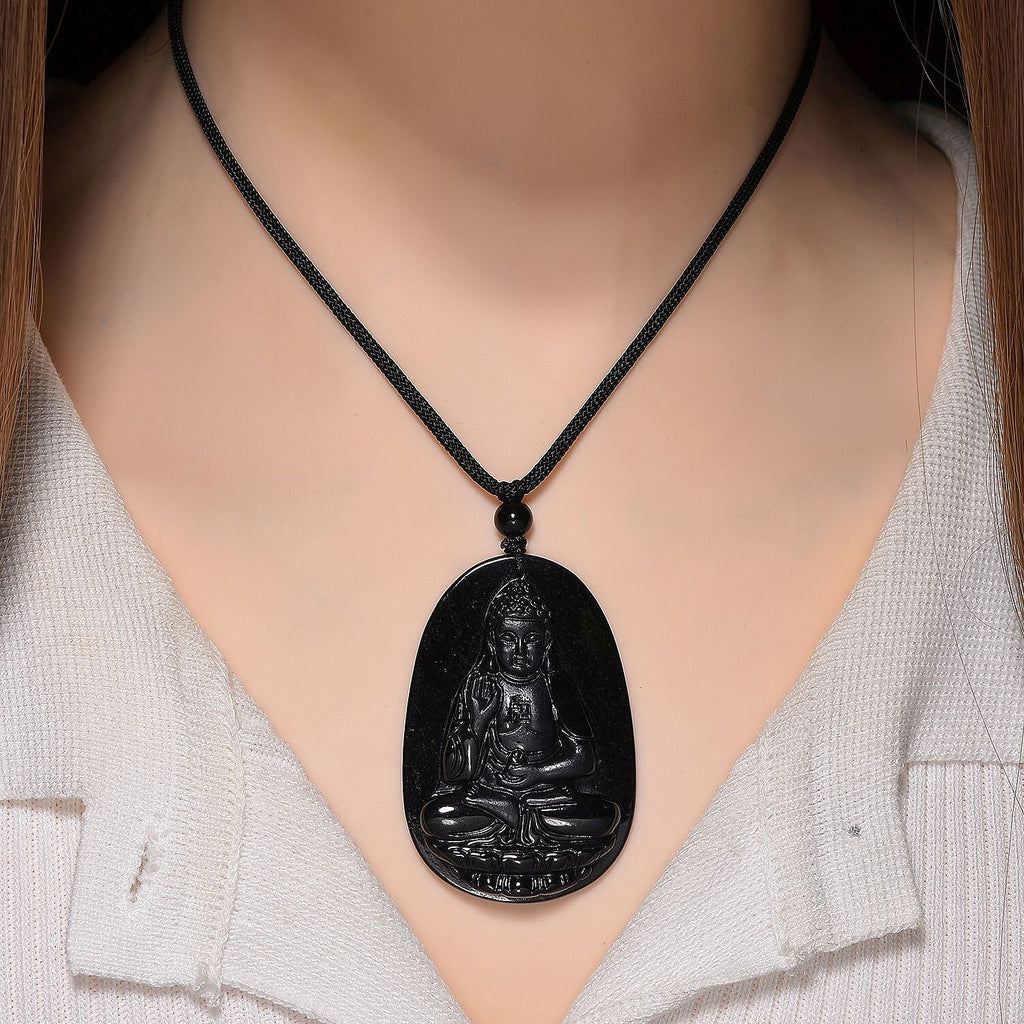 Black Jade Buddha Pendant with Black Cord Necklace (Size - 28 Adjustable) 79.00 Ct.