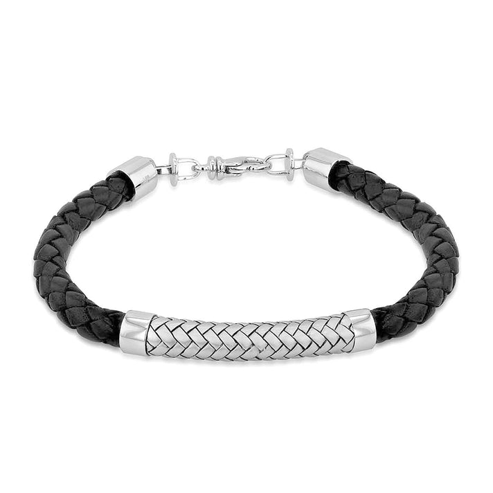 Sterling Silver Rhodium Plated 7.5mm Black Leather and Satin Herringbone Bracelet 8.5 Inch 7315168 1