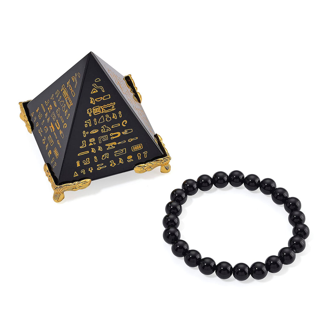 Hand Carved Black Obsidian Pyramid & Strechable Bracelet Set