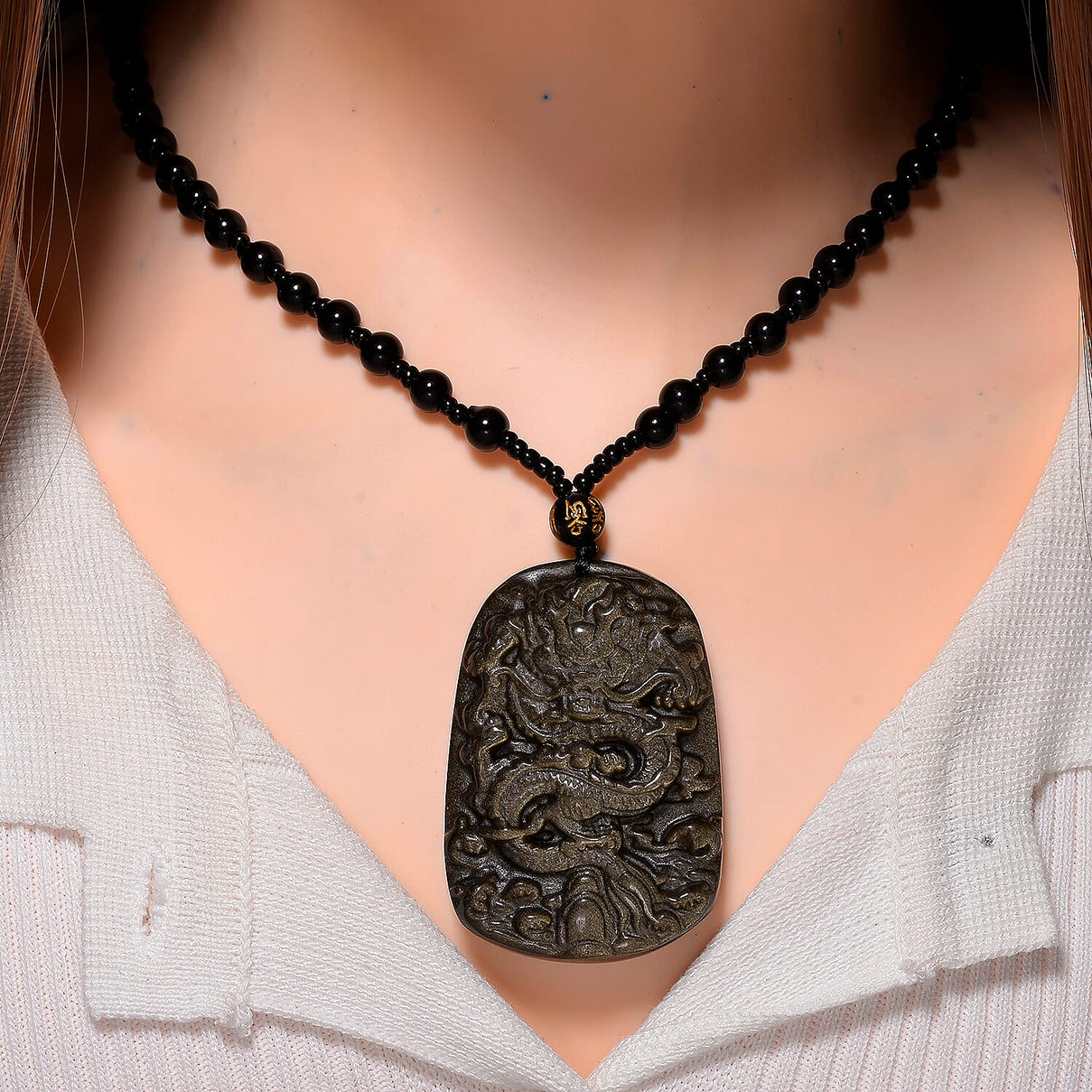 Black Obsidian Dragon Hand - Carved Pendant with Beads Chain (Size - 26) 340.00 Ct. 8171033 2