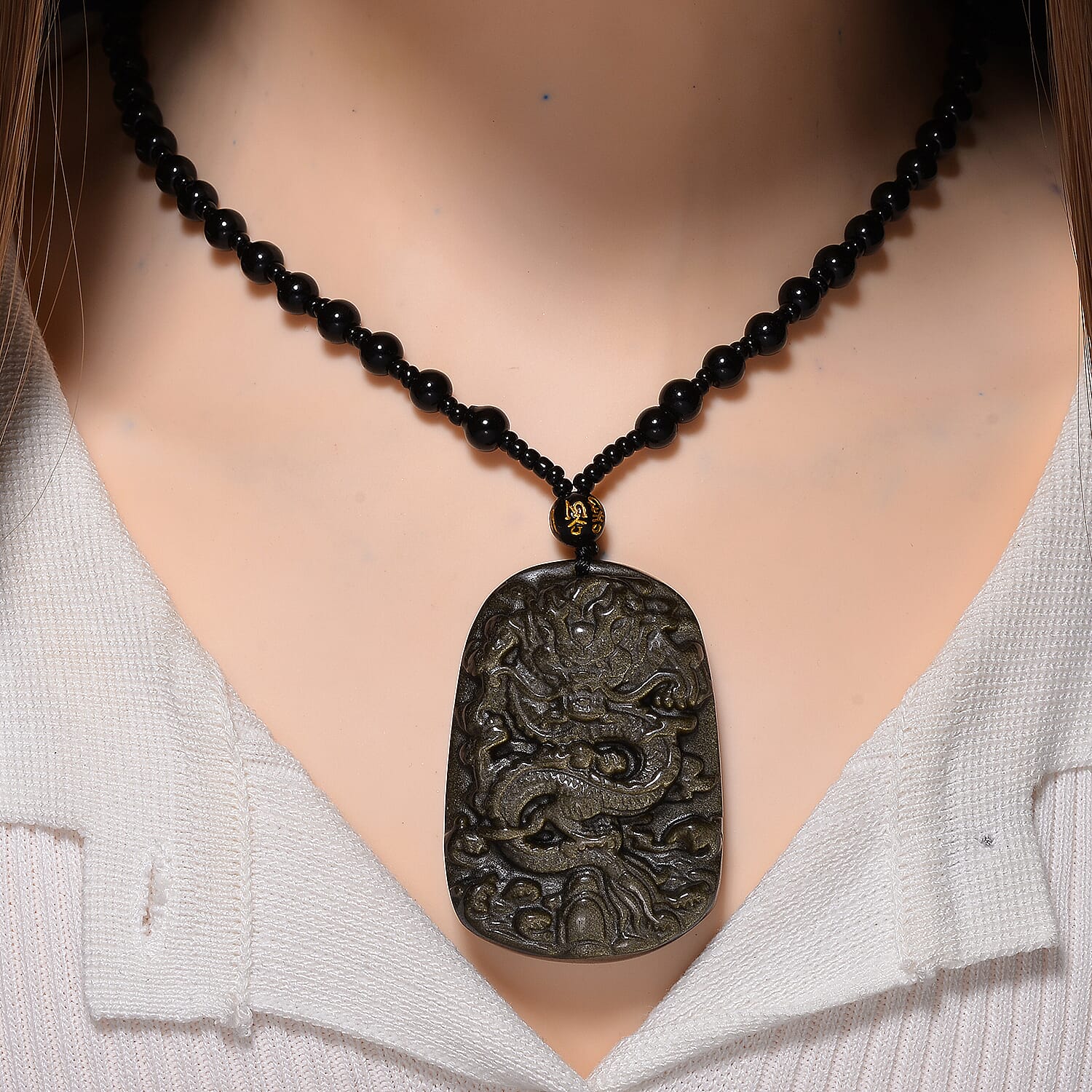 Black Obsidian Dragon Hand - Carved Pendant with Beads Chain (Size - 26) 340.00 Ct. 8171033 2