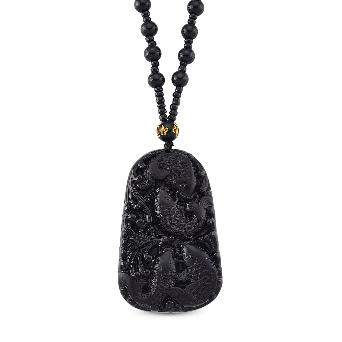 Black Obsidian Fish Hand Carved Pendant with Beads Chain (Size - 26) 290.00 Ct. V32699761 0