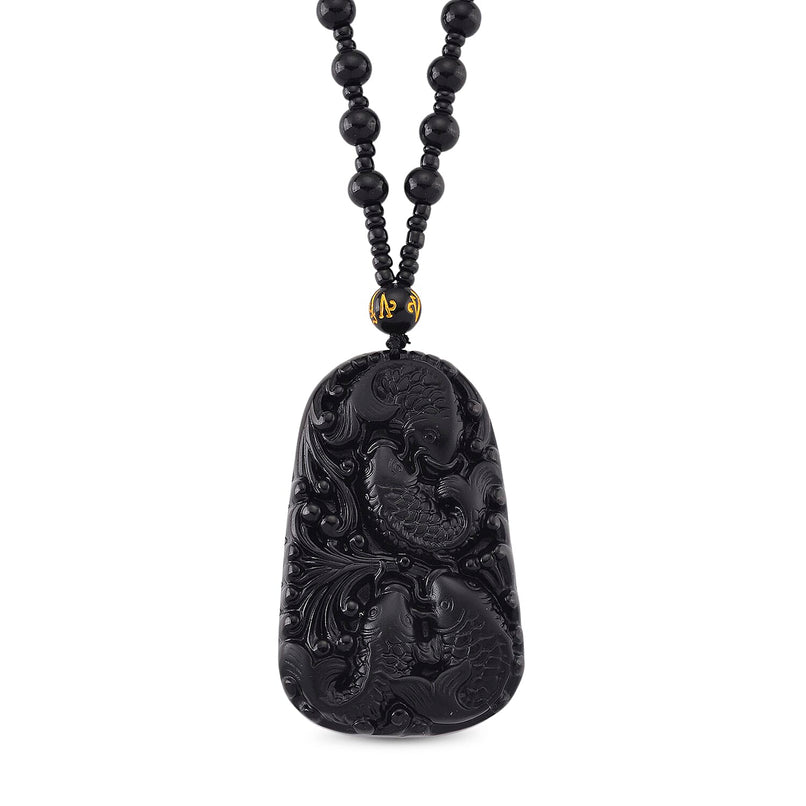 Black Obsidian Fish Hand Carved Pendant with Beads Chain (Size - 26) 290.00 Ct.