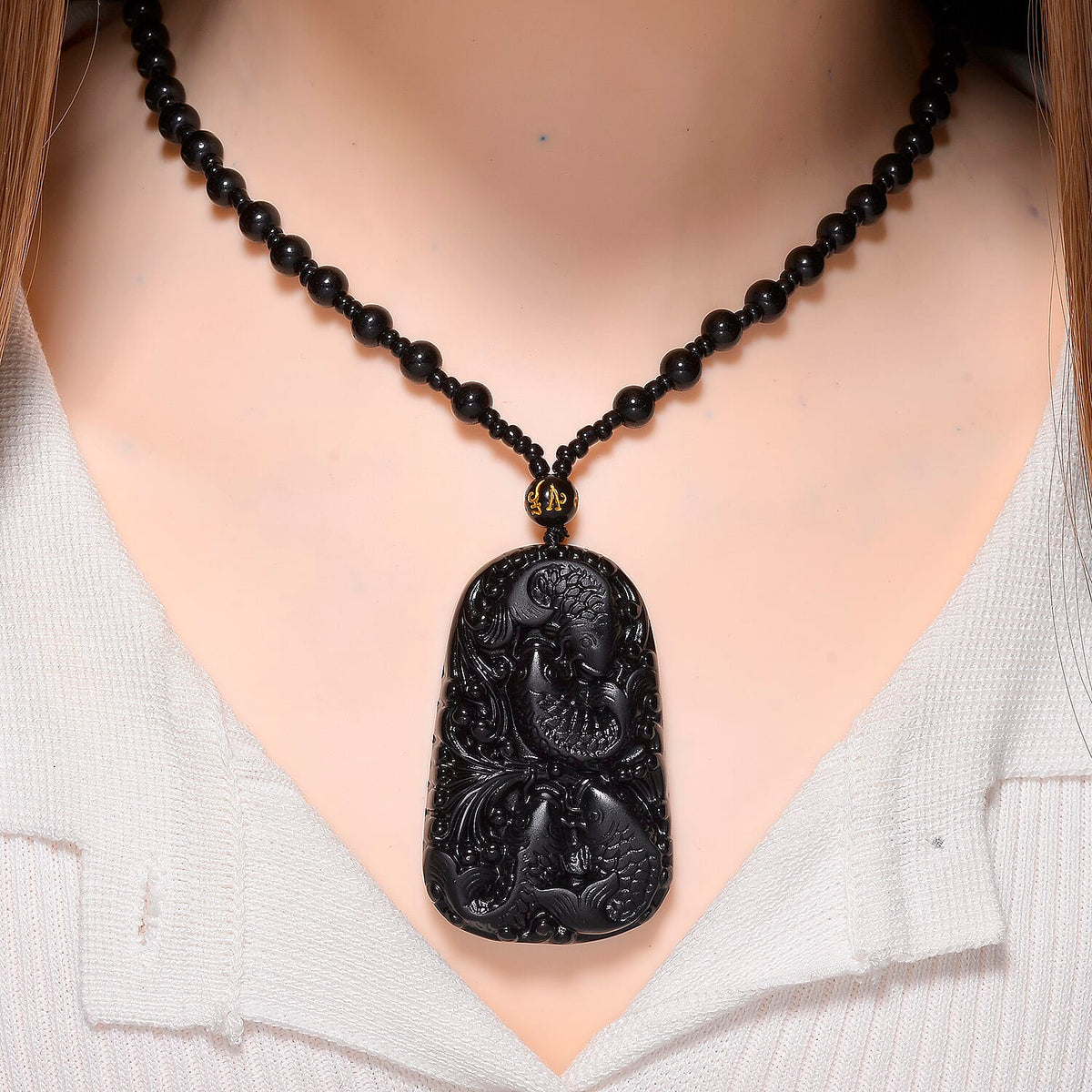 Black Obsidian Fish Hand Carved Pendant with Beads Chain (Size - 26) 290.00 Ct. V32699761 2