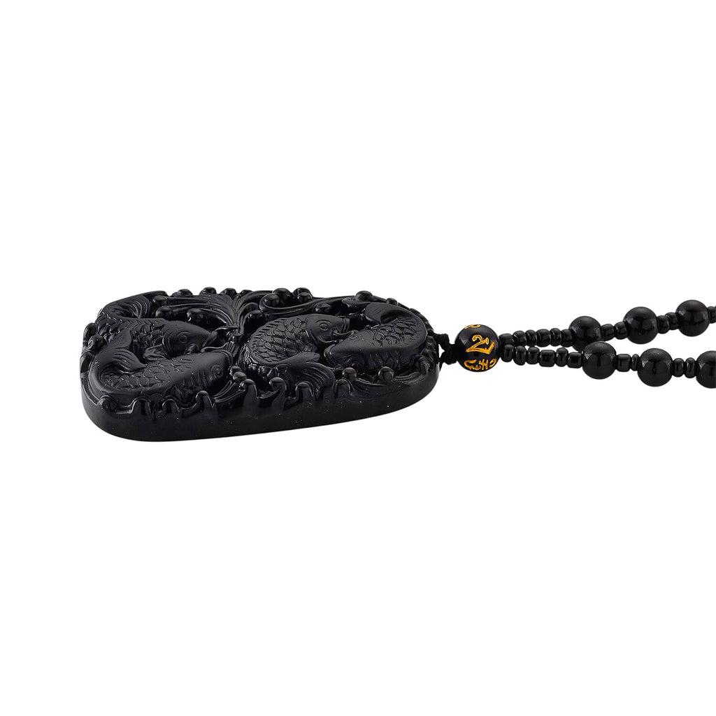 Black Obsidian Fish Hand Carved Pendant with Beads Chain (Size - 26) 290.00 Ct.