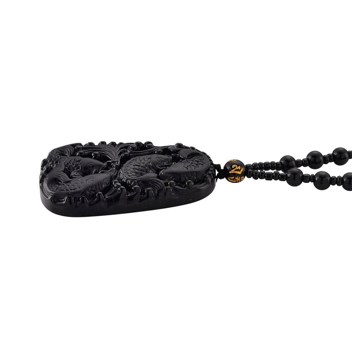 Black Obsidian Fish Hand Carved Pendant with Beads Chain (Size - 26) 290.00 Ct. V32699761 3