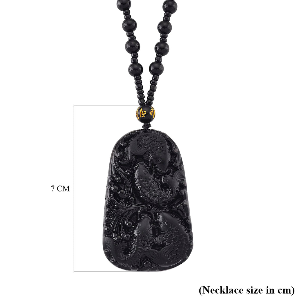 Black Obsidian Fish Hand Carved Pendant with Beads Chain (Size - 26) 290.00 Ct.