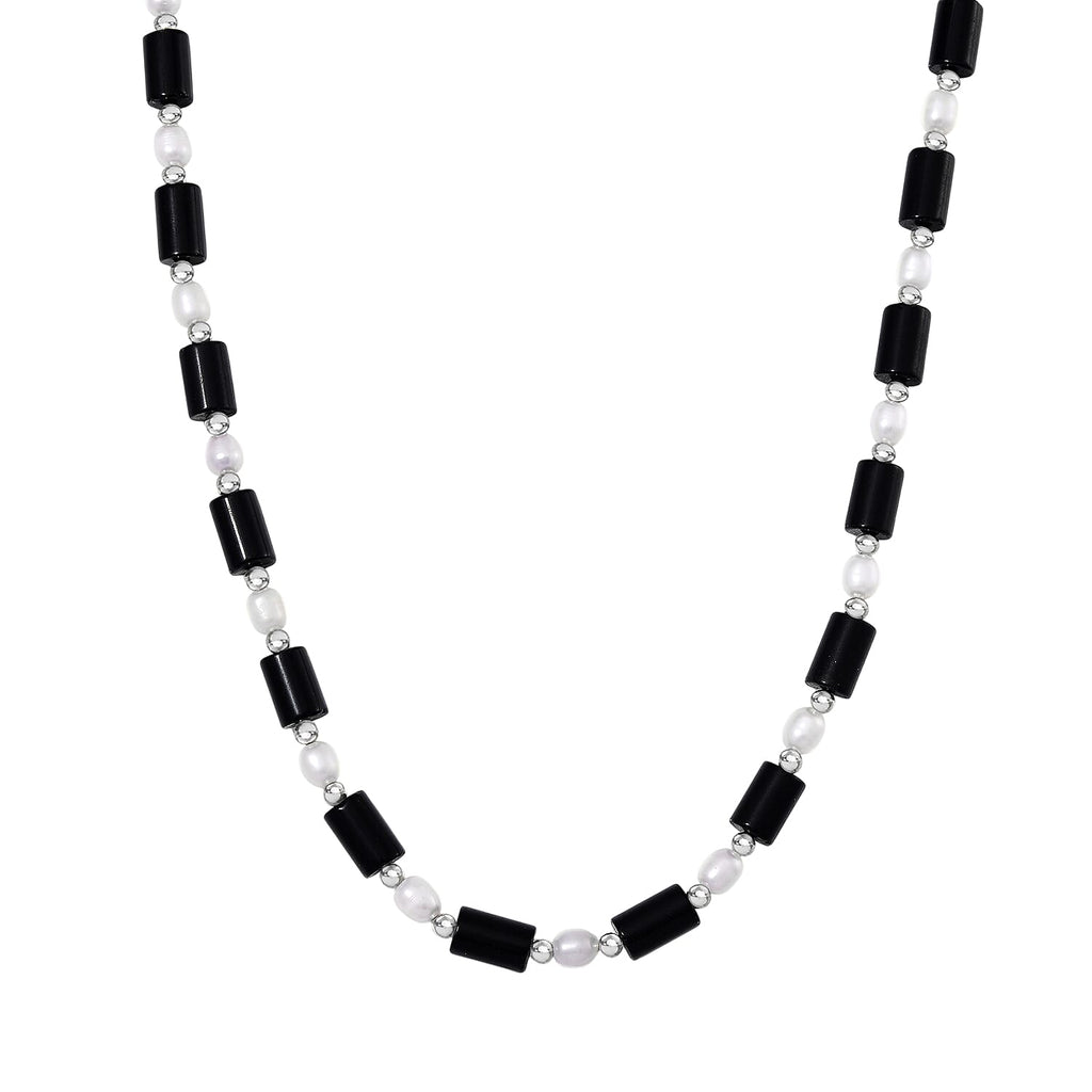 Black Obsidian & White Fresh Water Pearl Necklace (Size - 18-2 Ext) with Lobster Clasp 150.0 Ct