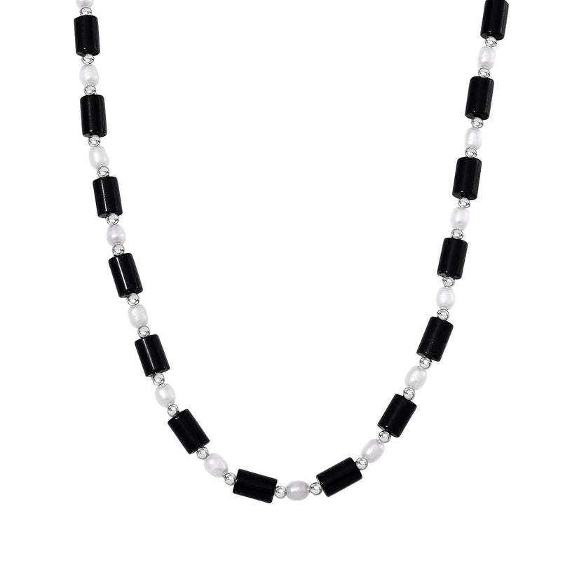 Black Obsidian & White Fresh Water Pearl Necklace (Size - 18-2 Ext) with Lobster Clasp 150.0 Ct
