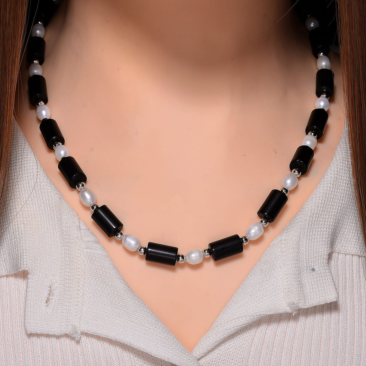 Black Obsidian &amp; White Fresh Water Pearl Necklace (Size - 18-2 Ext) with Lobster Clasp 150.0 Ct 7983602 2