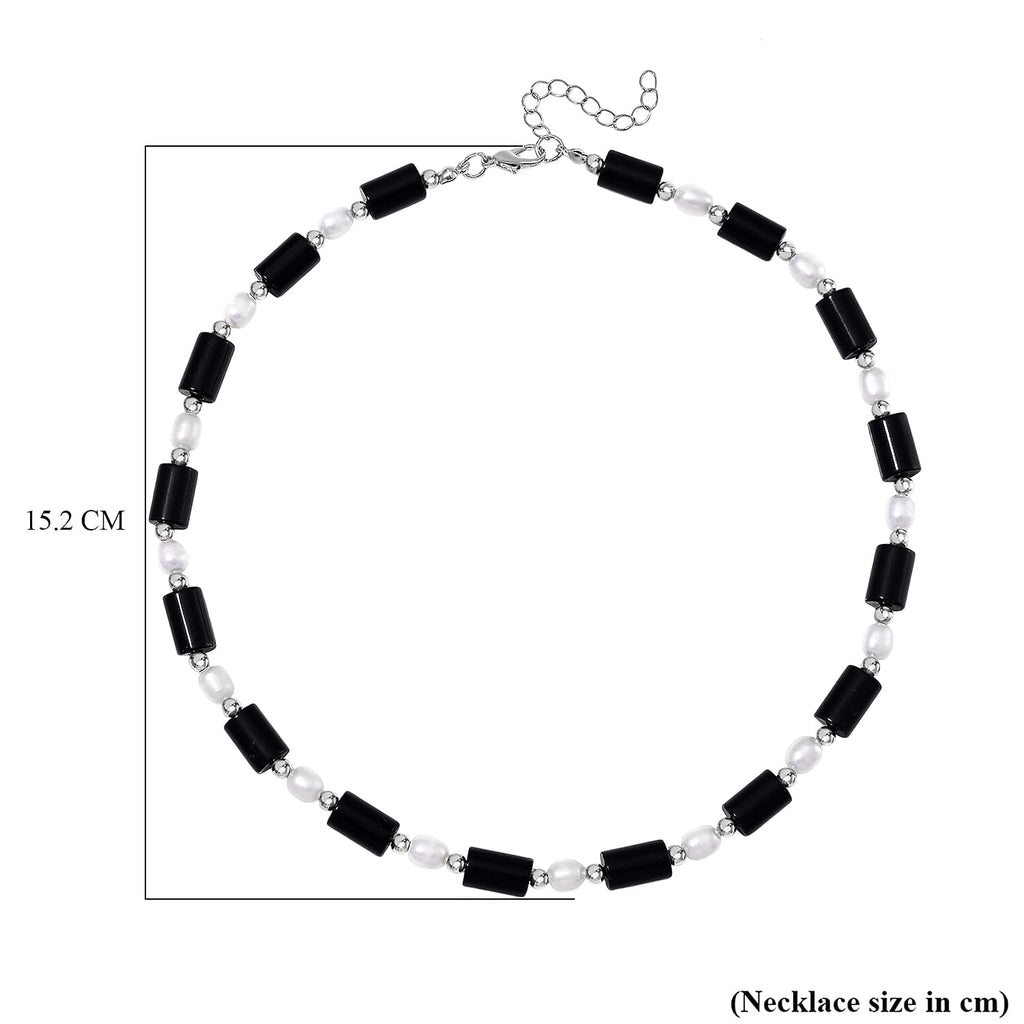 Black Obsidian & White Fresh Water Pearl Necklace (Size - 18-2 Ext) with Lobster Clasp 150.0 Ct