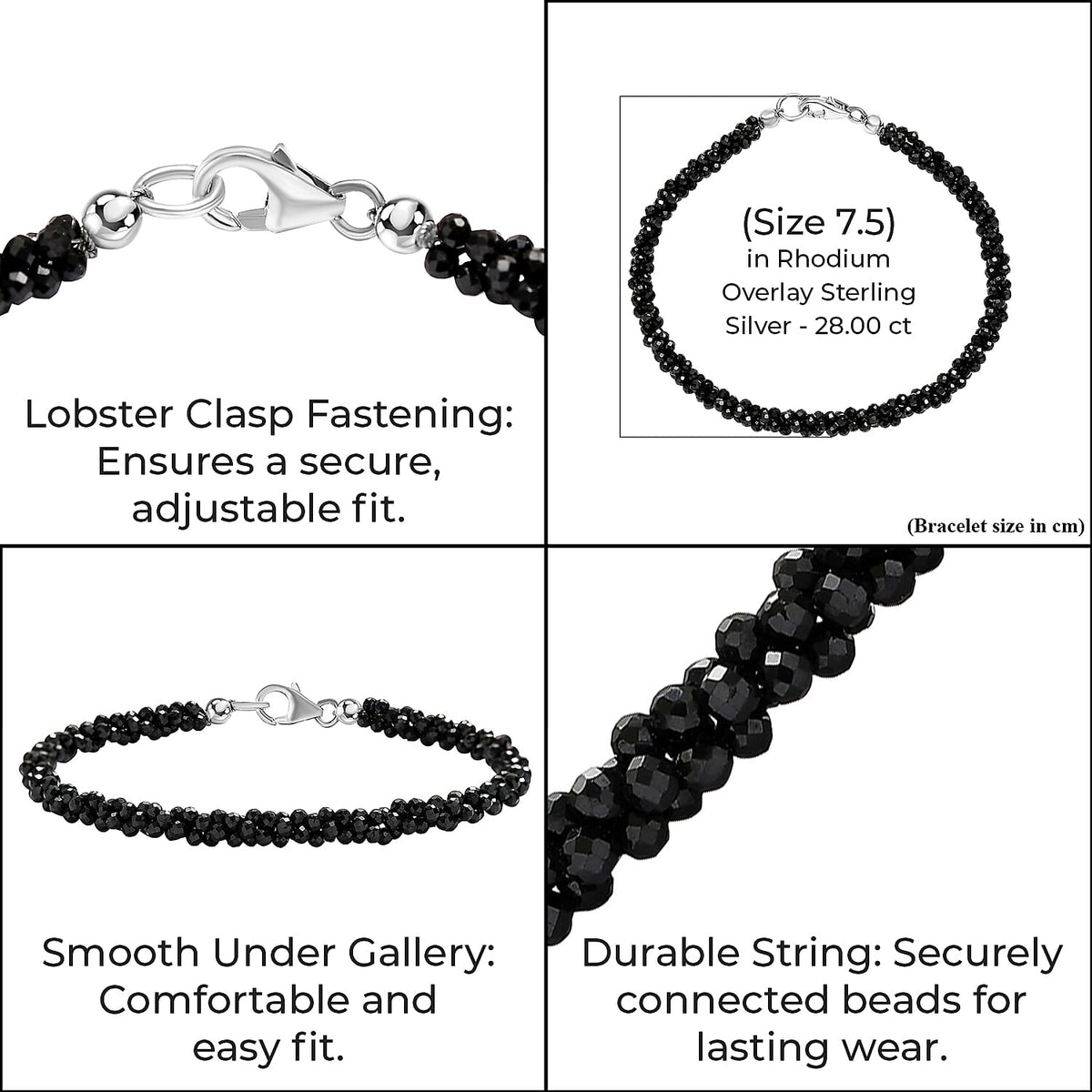 Black Spinel Beads Bracelet (Size - 7.5) in Rhodium Overlay Sterling Silver 28.00 ct. 7644387 6