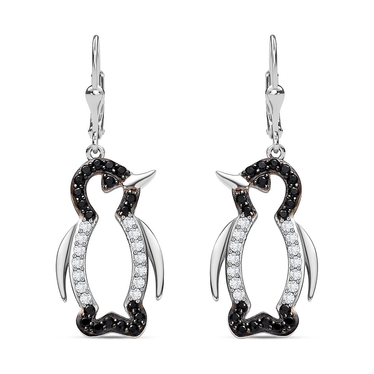Black Spinel, Moissanite Penguin Earrings in Rhodium Overlay Sterling Silver 7830019 0