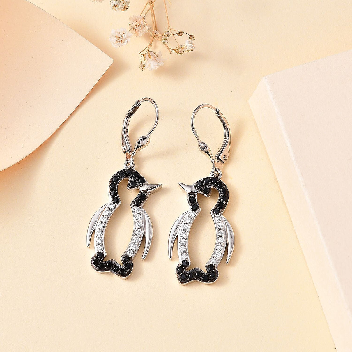 Black Spinel, Moissanite Penguin Earrings in Rhodium Overlay Sterling Silver 7830019 2
